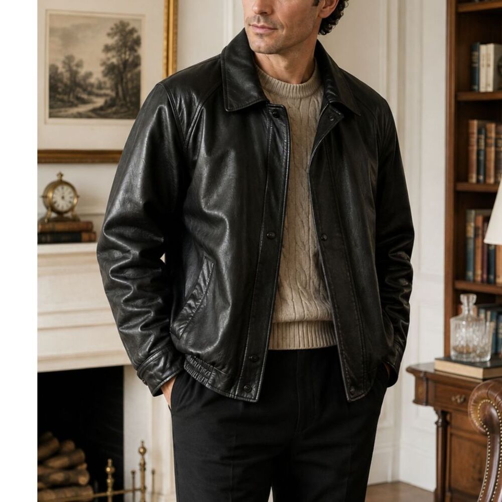 Mazzoni Men's Black Genuine Leather Bomber Jacket L Oversized Quiet Luxury